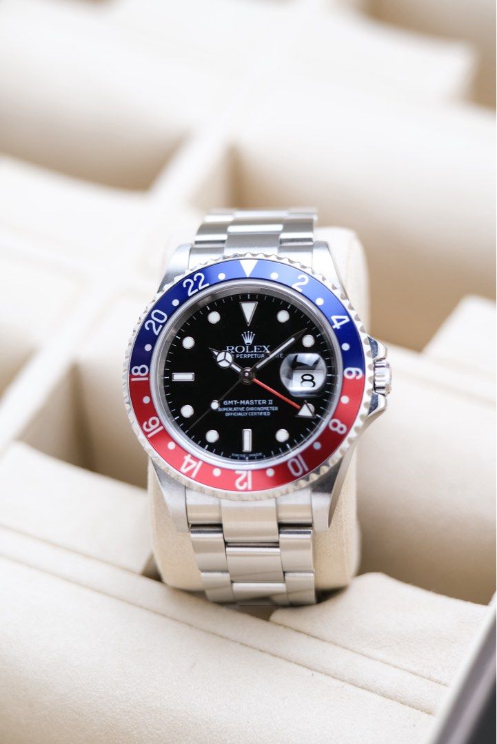 Rolex GMT-Master II Pepsi 16710 (Category: Luxury Watches) located in Quezon City. Submitted by awristotell (Listing ID 1466069492, Image 3). Description: “Another Wrist To Tell” Rolex GMT-MASTER II 16710 Mint Condition Price: 798,000 PHP Ref: 16710 Year: 2006 Movement: Automatic Crystal: Sapphire Case: 40mm Material: Steel Lug width: 20mm Bracelet: Rolex Oyster Bracelet Includes: Rolex Box / Leather Pouch — Free Shipping Nationwide — Imperfectio
