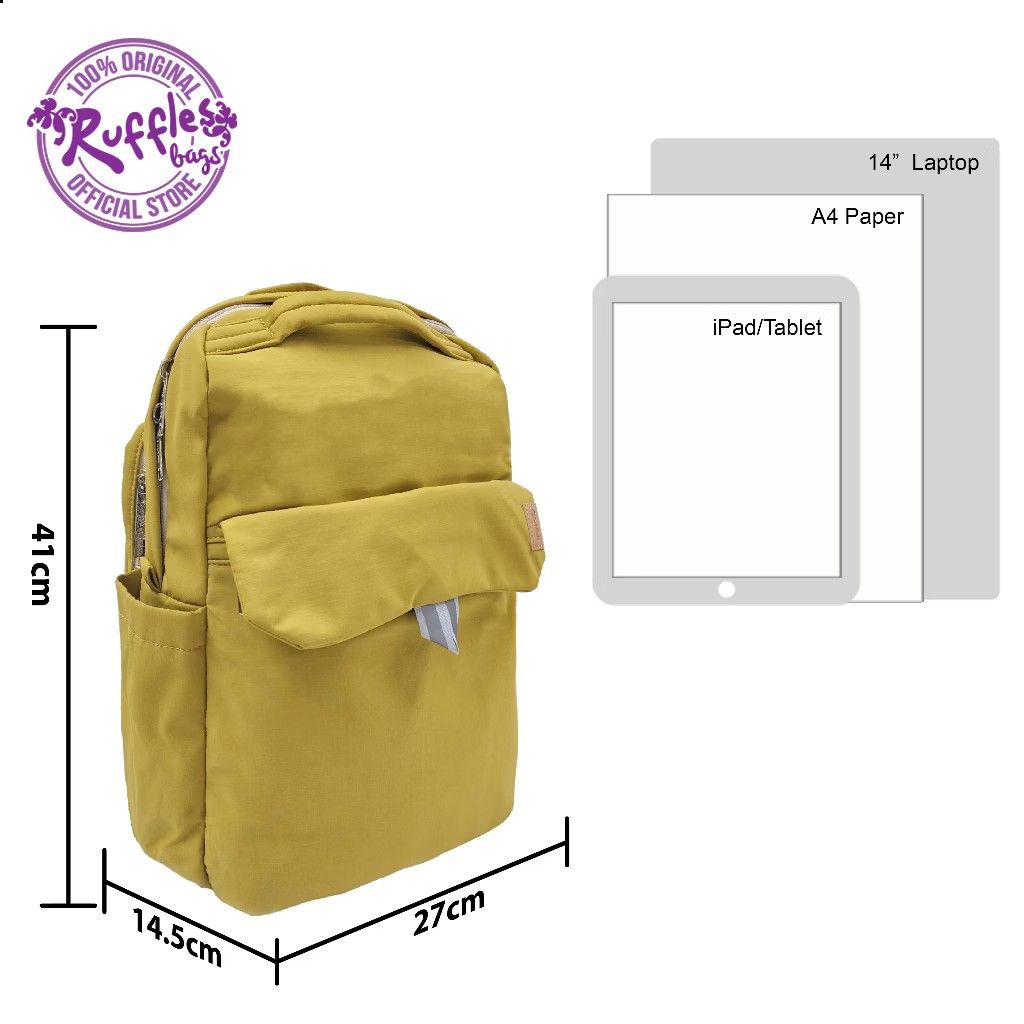Ruffles Athena Laptop Backpack (Category: Backpacks) located in Quezon City. Submitted by vialou03 (Listing ID 1465974565, Image 3). Description: DETAILS: • Ruffles Brand • Athena Model • 27 x 14.5 x 41 (CM) • Spacious with many pockets (see photos for more details, photos gotten from Ruffles' online listing) • Only used a few times • No when worn • Newly washed MOP: Gcash/Maya only MOD: J&T/Lalamove/SPX Express/Grab only Gen Loc: UP Diliman .