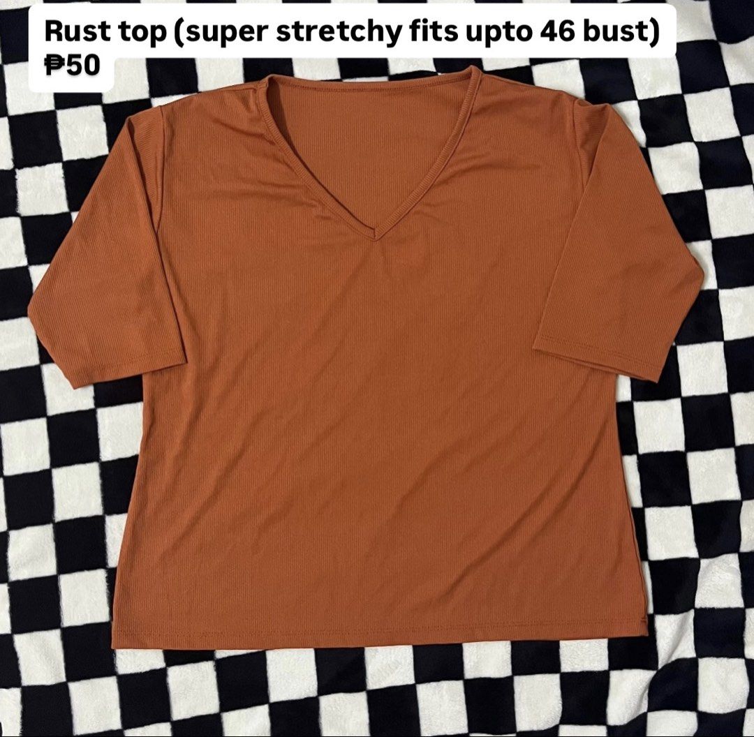 Rust top super stretchy fits upto 46 bust (Category: Blouses) located in Tagum. Submitted by reijaann (Listing ID 1466142521, Image 1). Description: Plus Size Preloved Decluttering! 🩷🧚‍♀️ 📌 Price + sf 📌 MOP: maribank / gcash 📌 MOD: J&T 📌 PAYO (pay as you order) 📌NO COD (no 🍊/tt checkout) 📌NO CANCELLATION ONCE PAID 📍 Location: Tagum City, Davao del Norte.