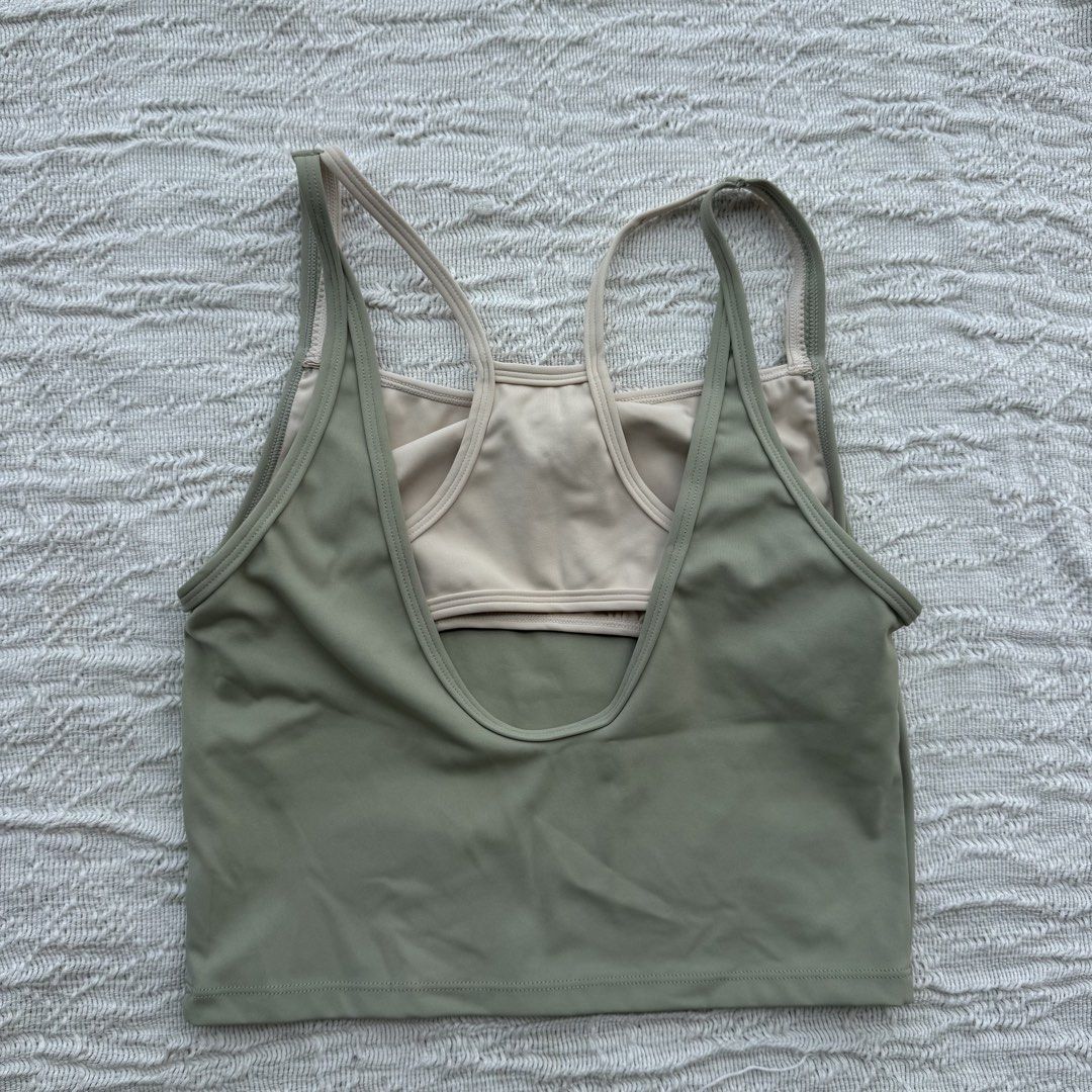 Sage Green Double Lining Strap Activewear Top (Category: Activewear) located in Manila. Submitted by thriftclub.ph (Listing ID 1466097127, Image 2). Description: ▫️Decluttering (too many sportswear!) ◻️ Fits Medium ⬜️ With pad slots, no pads ⚪️ Korean Brand (Errday).