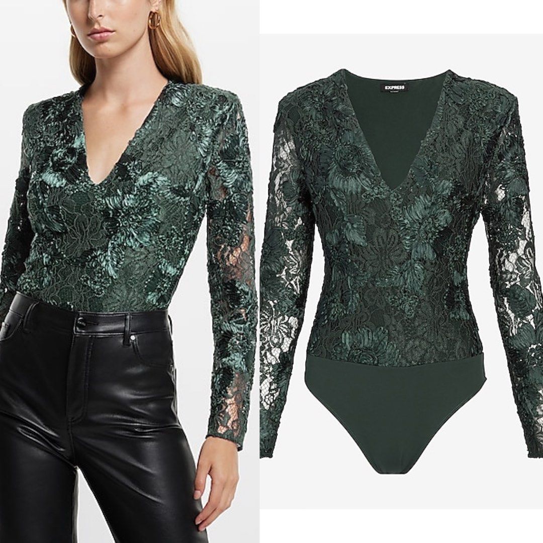 SALE! EXPRESS FLORAL BODYSUIT EMERALD (Category: Others Tops) located in Cavite. Submitted by bagsbythea (Listing ID 1465980455, Image 1). Description: 🌹✨ CLEARANCESALE 299PHP ONLY 〰️EXPRESS V-NECK FULL LACE LONGSLEEVE THONG BODYSUIT EMERALD GREEN ✖️399✖️349 Online Price: 3k+ —— Available size: MEDIUM (35-37bust, 29-31waist)— LAST 5PCS Stretch/ Padded Shouder/ with side zipper LIMITED STOCKS Other sizes soldout no restock.