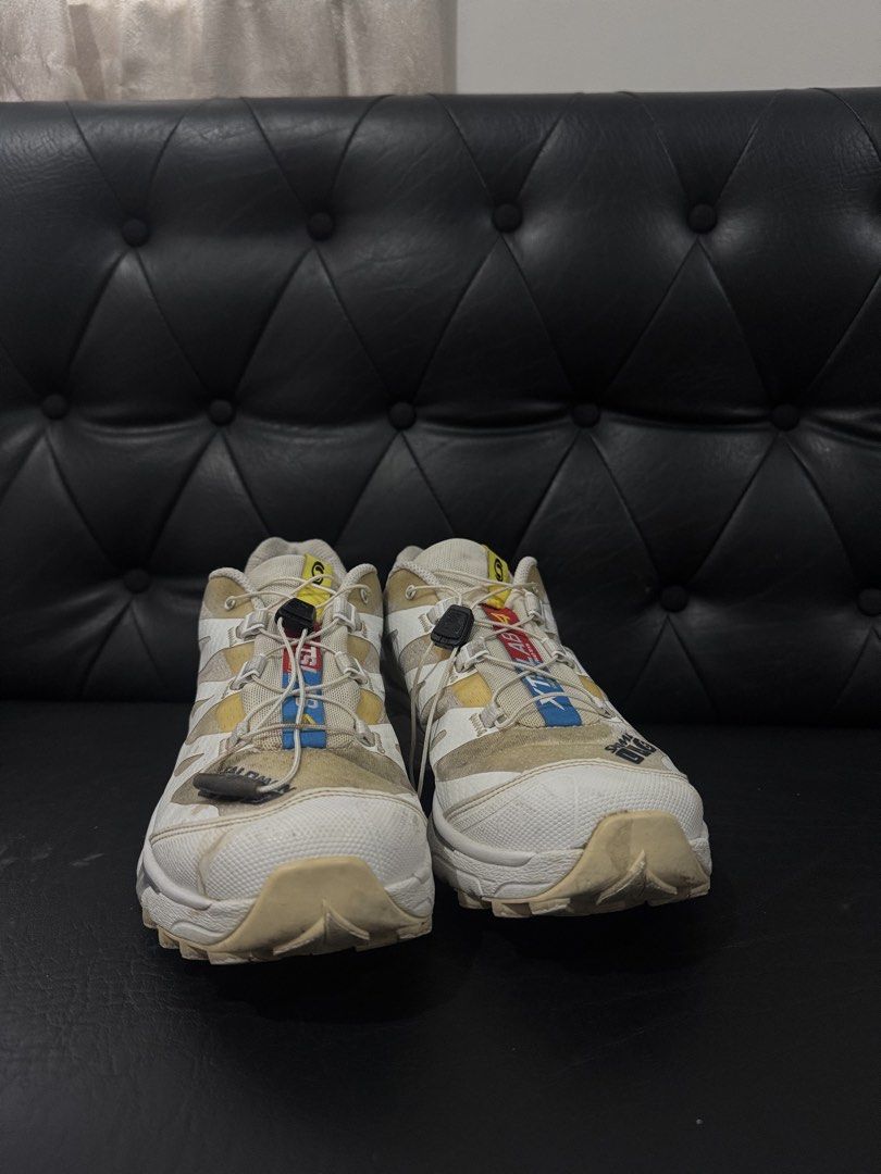 Salomon XT4 (Category: Sneakers) located in Batangas. Submitted by julianquitalig (Listing ID 1466010502, Image 3). Description: - Brand/Model: Salomon S-Lab XT4 - Colorway: White and vanilla - Features: Quicklace system, ACS chassis, S-Lab toe and tongue branding - Condition: Natural yellowing on mesh and minor dirt on midsoles from wear; soles retain great traction - Ideal for: Trail running, hiking, or everyday streetwear Rfs: di nagagamit, ne