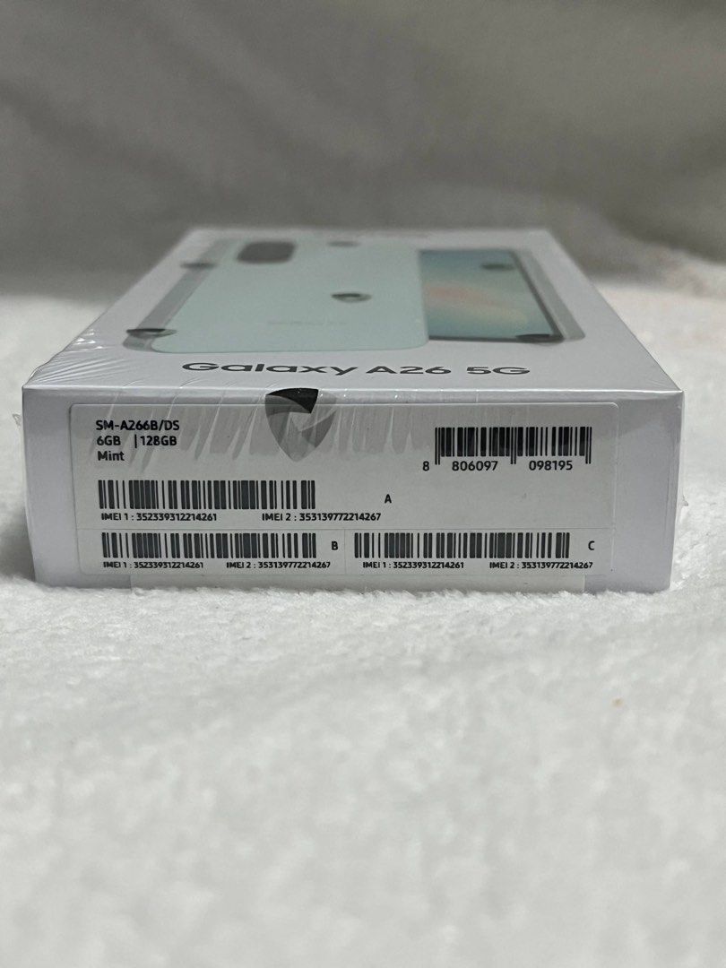Samsung a26 (Category: Samsung) located in Manila. Submitted by monsifinds (Listing ID 1466116531, Image 3). Description: Samsung Galaxy A26 5G (Mint) - 6GB/128GB - Brand New / Sealed Price: 7000 Description Selling my brand-new, factory-sealed Samsung Galaxy A26 5G in a gorgeous Mint finish. It is in pristine condition, completely untouched, and comes complete with its original box. Key Specs & Details: Model: Samsung Galaxy A26 5G (6GB RAM | 12