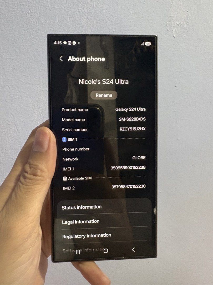 Samsung S24 Ultra 256 GB (Category: Samsung) located in Navotas City. Submitted by heiresslovecloset (Listing ID 1466035917, Image 3). Description: Display 6.8-inch Dynamic AMOLED 2X, 1440 x 3120 pixels, 120Hz refresh rate, 2600 nits peak brightness, Corning Gorilla Armor A huge, super-bright screen that cuts down reflections and stays smooth when you scroll. Processor Qualcomm Snapdragon 8 Gen 3 for Galaxy A custom, top-tier chip made for fast g