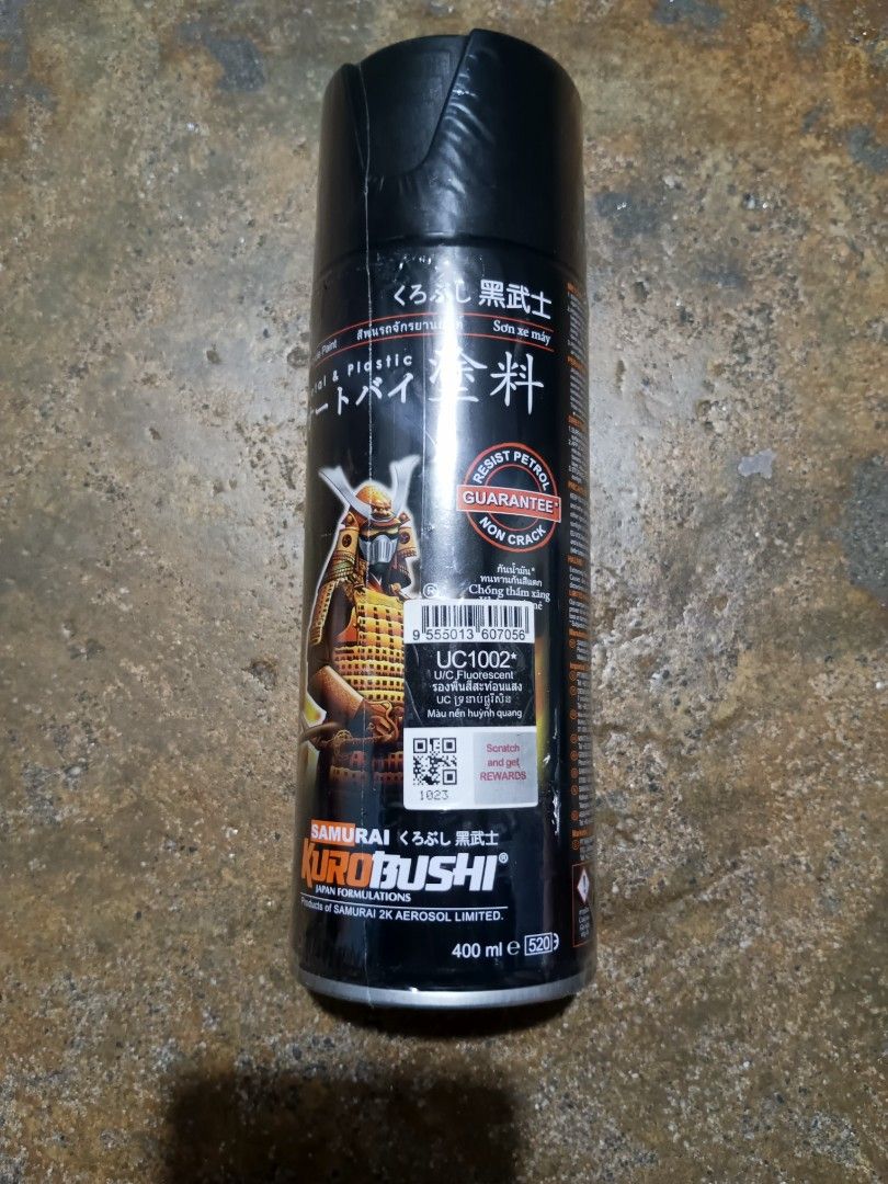 Samurai Kurobushi UC1002 Fluorescent Undercoat Spray Paint 400ml (Category: Body Parts and Accessories) located in Manila. Submitted by jeanledesm77785 (Listing ID 1466062981, Image 2). Description: - Brand: Samurai Kurobushi UC1002 - Type: Fluorescent Undercoat Spray Paint - Size: 400ml aerosol can - Features: Petrol resistant, non-crack formula - Formulation: Japan formulation - Application: Essential base coat for vibrant fluorescent colors on