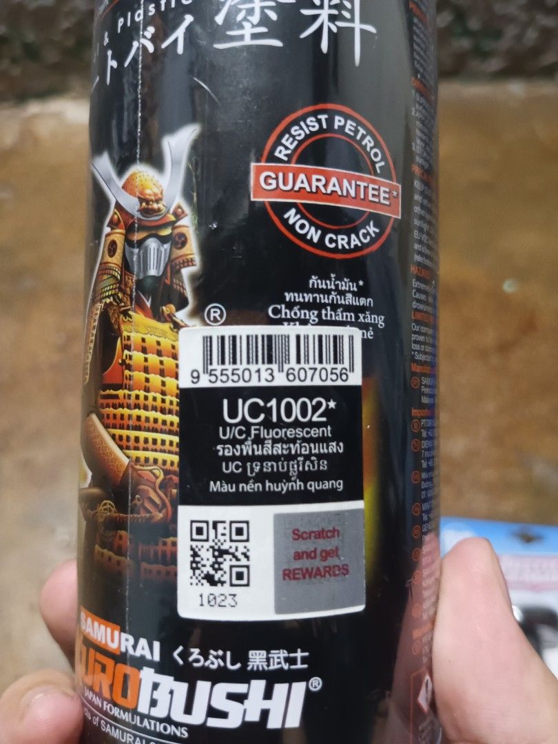 Samurai Kurobushi UC1002 Fluorescent Undercoat Spray Paint 400ml (Category: Body Parts and Accessories) located in Manila. Submitted by jeanledesm77785 (Listing ID 1466062981, Image 3). Description: - Brand: Samurai Kurobushi UC1002 - Type: Fluorescent Undercoat Spray Paint - Size: 400ml aerosol can - Features: Petrol resistant, non-crack formula - Formulation: Japan formulation - Application: Essential base coat for vibrant fluorescent colors on