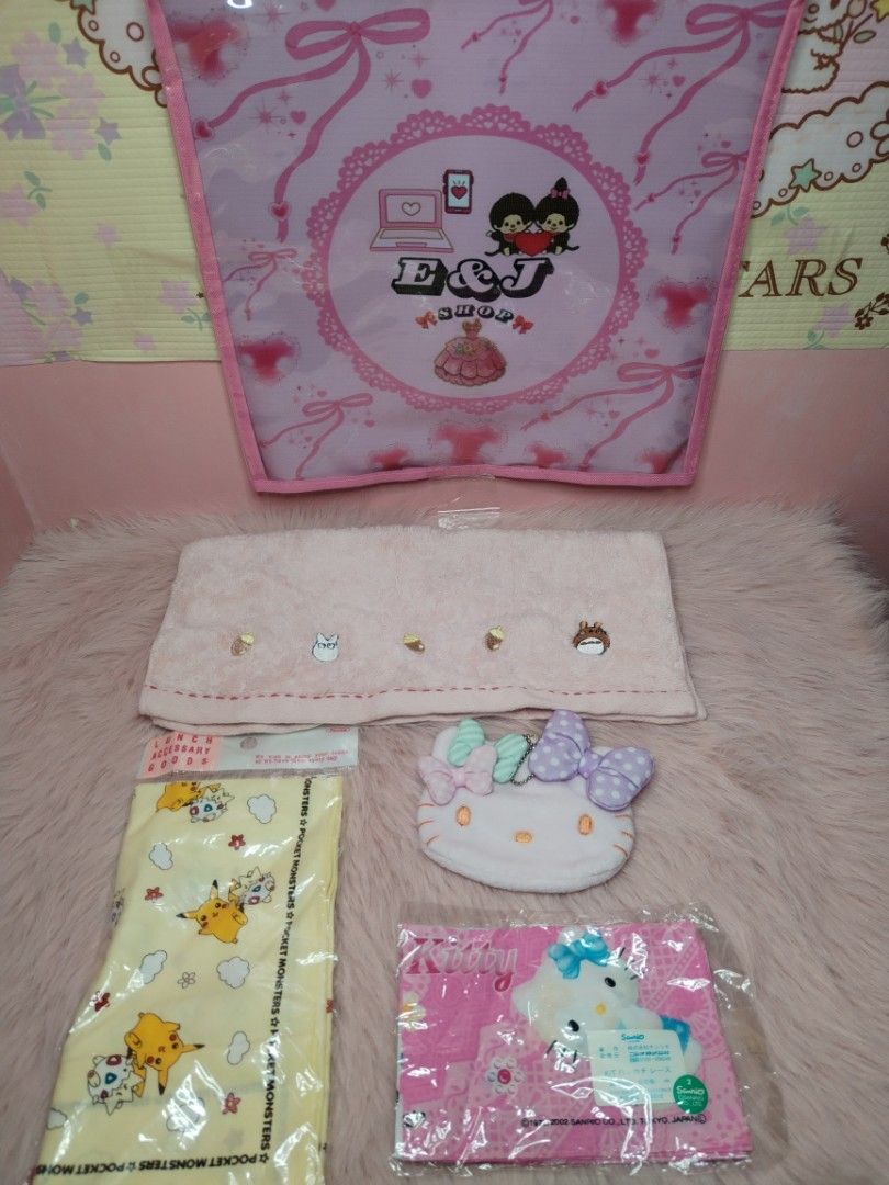 Sanrio and Pokemon character towel and accessory bundle (Category: Character Goods) located in Paombong. Submitted by eandj.shop (Listing ID 1466045239, Image 3). Description: 🎀 Sanrio Kitty plush tissue holder 🎀 Kitty pink patterned handkerchief 🎀 Pokemon yellow lunch cloth .