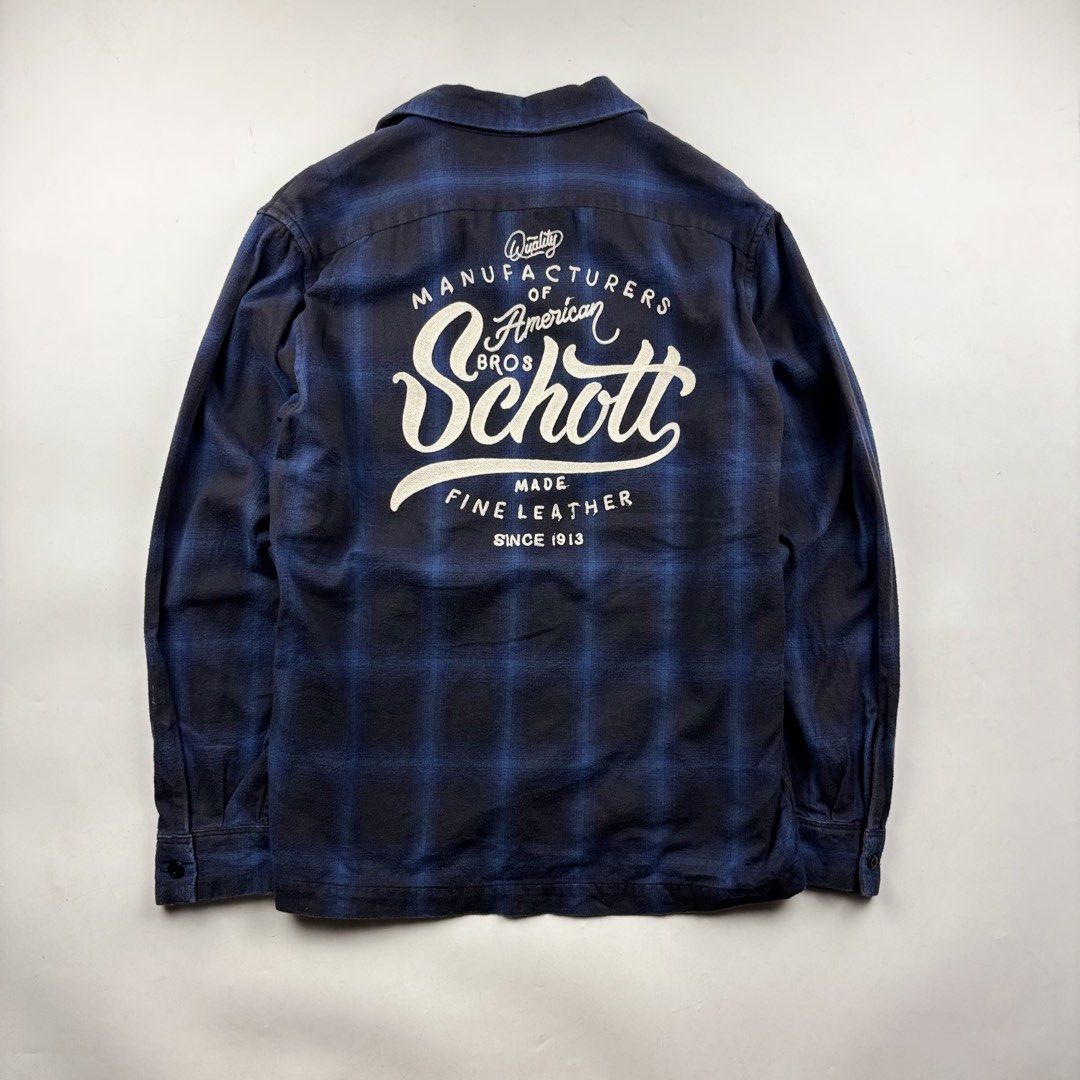 Schott Embroidered Flannel (Category: Tshirts & Polo Shirts ) located in Makati City. Submitted by ragrepository (Listing ID 1465978526, Image 2). Description: Schott Embroidered Flannel Tagged as Large Length- 28.5” Pit to pit- 23” Sleeves- 25.5” Shoulder-18.5” Condition- 9/10 Flaw- None .