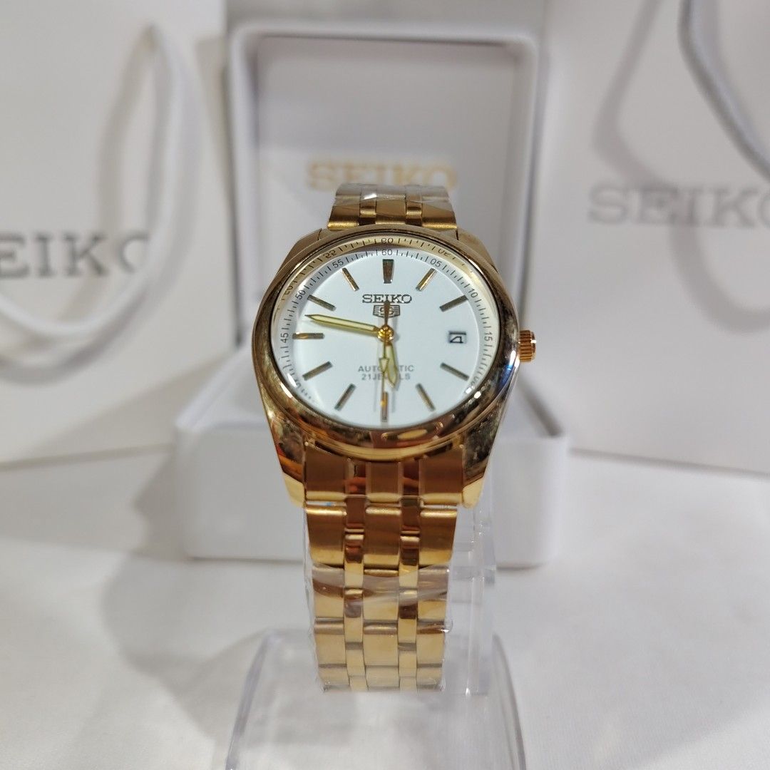 Seiko 5 Automatic Gold - Tone White dial OEM (Category: Men's Watches) located in Balanga. Submitted by k2timepieces.739 (Listing ID 1466127807, Image 1). Description: 📌Seiko 5 Automatic Gold - town White dial 📌Typical 29.0mm to 30.0mm 📌Luminous type 📌 Stainless steel 📌Water resistant 📌21 jewels 📌Reference #9327 📌Automatic Movement 📌 battery operated 📌 Made in Japan 📌 Free seiko Box & Battery 📌 Free shipping 📌Courier J&T 🚛 No COD 📌