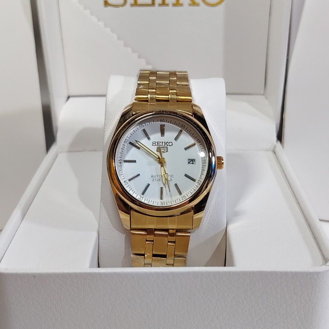 Seiko 5 Automatic Gold - Tone White dial OEM (Category: Men's Watches) located in Balanga. Submitted by k2timepieces.739 (Listing ID 1466127807, Image 2). Description: 📌Seiko 5 Automatic Gold - town White dial 📌Typical 29.0mm to 30.0mm 📌Luminous type 📌 Stainless steel 📌Water resistant 📌21 jewels 📌Reference #9327 📌Automatic Movement 📌 battery operated 📌 Made in Japan 📌 Free seiko Box & Battery 📌 Free shipping 📌Courier J&T 🚛 No COD 📌