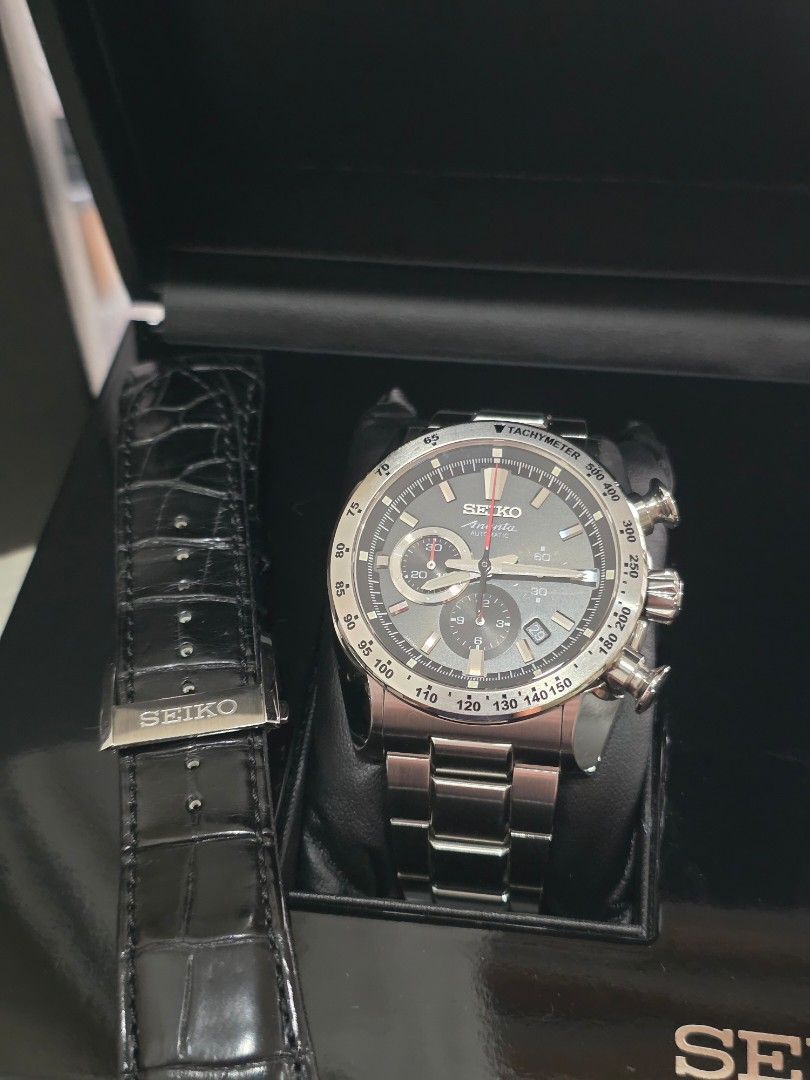 Seiko Ananta Chronograph SRQ003 (Category: Men's Watches) located in Antipolo. Submitted by giancookie (Listing ID 1465970641, Image 1). Description: - Model: Seiko Ananta Automatic Chronograph Watch - Condition: Well-maintained collector's piece, fully working mechanical movement with date display - Dial & Bezel: Grey dial with tachymeter bezel and sapphire display caseback - Materials: Steel case and bracelet, plus an extra black leather strap 