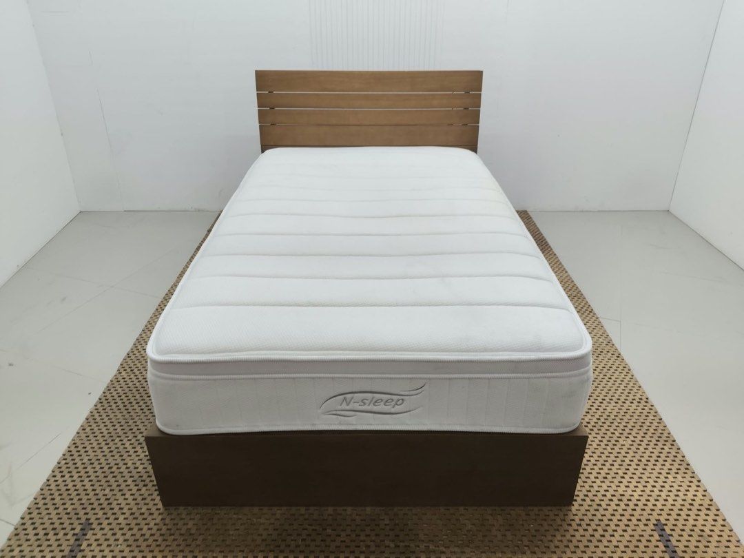 Semi double bedset with storage (Category: Bed Frames & Mattresses) located in Quezon City. Submitted by matetdevis13 (Listing ID 1466091430, Image 1). Description: NITORI Semi Double Panel Bed Frame N-Sleep Mattress Bed Set with Storage Price: 14,500 Frame: 48 x 81.5 x 37/11 Mattress: 48 x 77 x 11 In good condition Code JMD55-MJ502.
