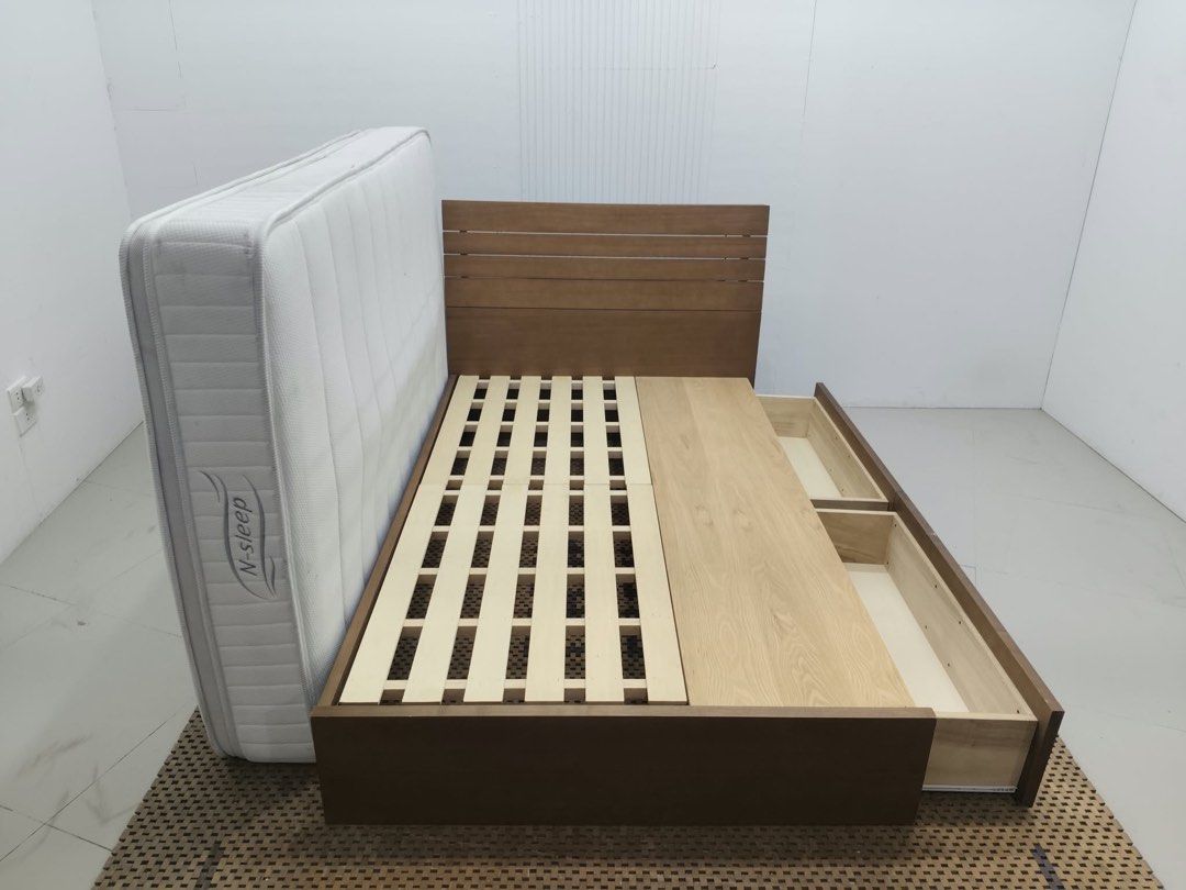 Semi double bedset with storage (Category: Bed Frames & Mattresses) located in Quezon City. Submitted by matetdevis13 (Listing ID 1466091430, Image 3). Description: NITORI Semi Double Panel Bed Frame N-Sleep Mattress Bed Set with Storage Price: 14,500 Frame: 48 x 81.5 x 37/11 Mattress: 48 x 77 x 11 In good condition Code JMD55-MJ502.