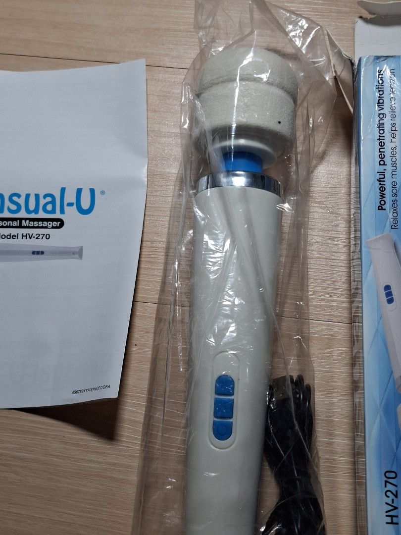 Sensual-U Personal Massager Model HV-270 (Category: Massage Devices) located in Baguio. Submitted by restyrille77846 (Listing ID 1465988725, Image 2). Description: - Brand: Sensual-U (Model: HV-270) - Condition: Brand new, never opened, still sealed in plastic wrapping - Color: White body with blue control buttons - Features: Powerful vibrations for effective muscle tension relief - Inclusions: Charging cable, user manual, and original packaging 