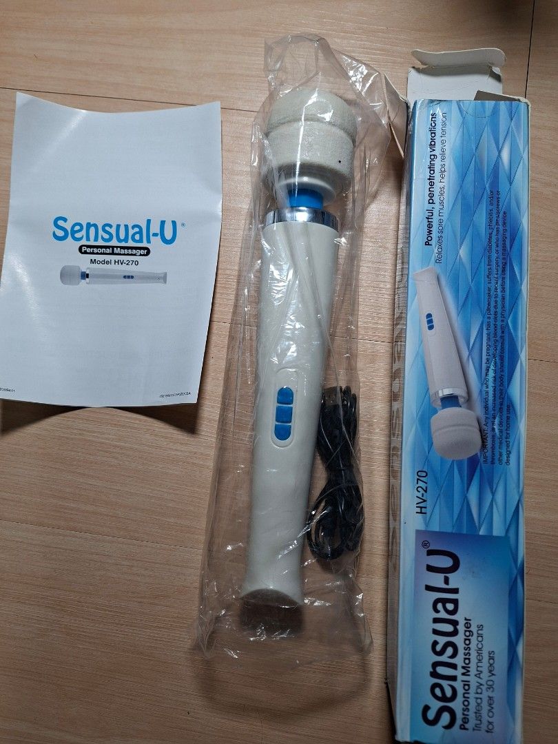 Sensual-U Personal Massager Model HV-270 (Category: Massage Devices) located in Baguio. Submitted by restyrille77846 (Listing ID 1465988725, Image 1). Description: - Brand: Sensual-U (Model: HV-270) - Condition: Brand new, never opened, still sealed in plastic wrapping - Color: White body with blue control buttons - Features: Powerful vibrations for effective muscle tension relief - Inclusions: Charging cable, user manual, and original packaging 