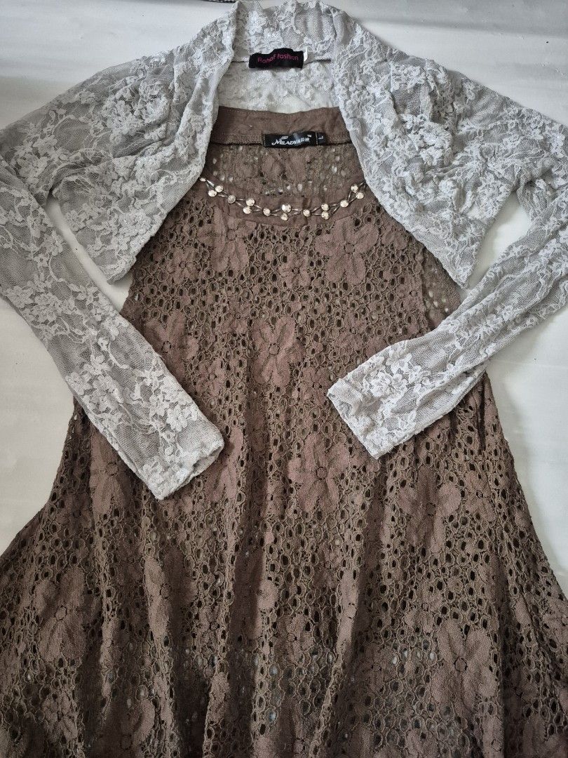 SET 3in1 Whimsy Boho Cottagecore Gray & Brown Lacy coords (Category: Sets or Coordinates) located in Calamba. Submitted by bb.lace (Listing ID 1465997807, Image 2). Description: as set only bolero has fabric pilling, and 1 repaired part see last 2 pics.