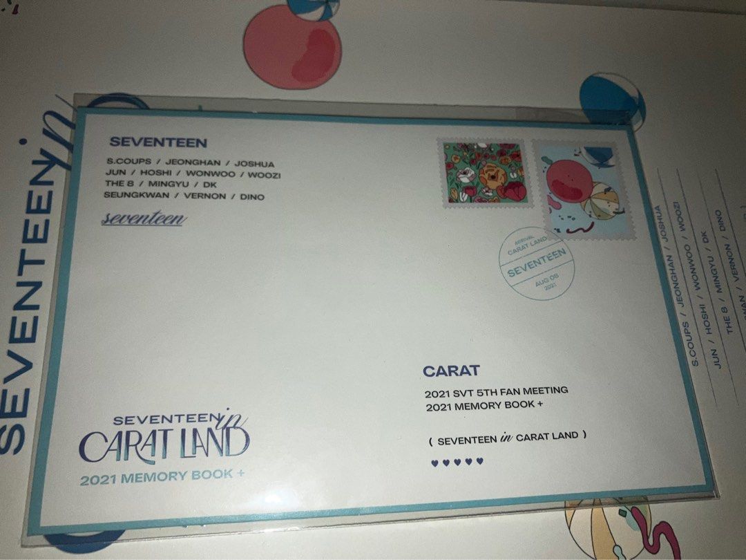 SEVENTEEN 2021 Carat Land Memory Book + (Category: K-Wave Merchandise) located in Manila. Submitted by yilviolet (Listing ID 1465956629, Image 3). Description: - Official SEVENTEEN 2021 Carat Land 5th Fan Meeting memory book set - Inclusions: Outer box, group photo print, envelope, and booklet UNSEALED WITH COMPLETE INCLUSIONS.