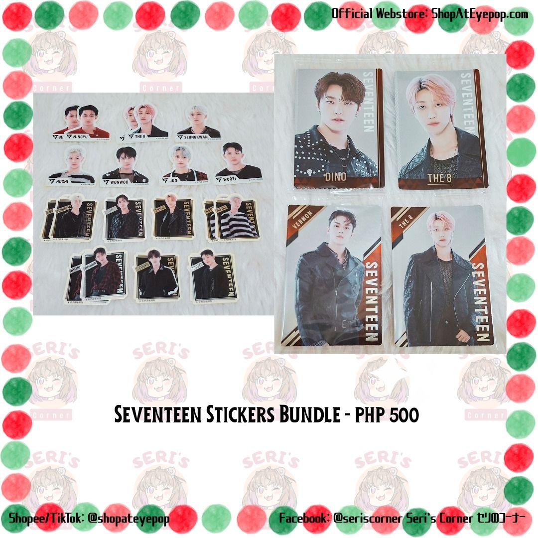 SEVENTEEN STICKERS AND STICKER CARDS BUNDLE - PHP500 (Category: K-Wave Merchandise) located in Las Pinas. Submitted by seriscorner (Listing ID 1466151525, Image 1). Description: SEVENTEEN STICKERS AND STICKER CARDS BUNDLE - PHP500 ------Courier: SPX Xpress (sf c/o buyer) We accept payments via BDO, Maribank, GoTyme, and GCash..