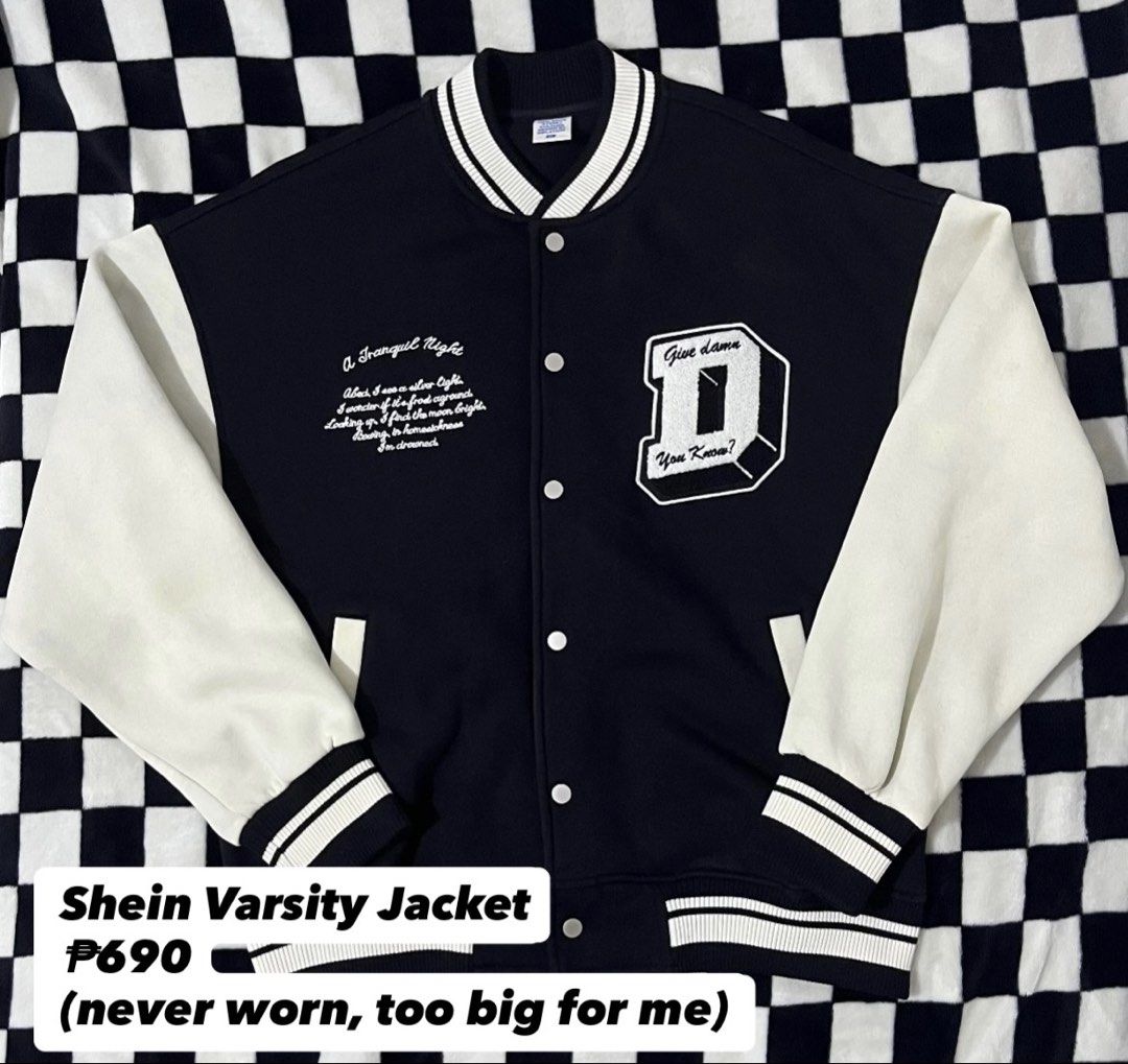 Shein Black and White Varsity Jacket (Category: Coats, Jackets and Outerwear) located in Tagum. Submitted by reijaann (Listing ID 1466143354, Image 1). Description: Plus Size Preloved Decluttering! 🩷🧚‍♀️ 📌 Price + sf 📌 MOP: maribank / gcash 📌 MOD: J&T 📌 PAYO (pay as you order) 📌NO COD (no 🍊/tt checkout) 📌NO CANCELLATION ONCE PAID 📍 Location: Tagum City, Davao del Norte.