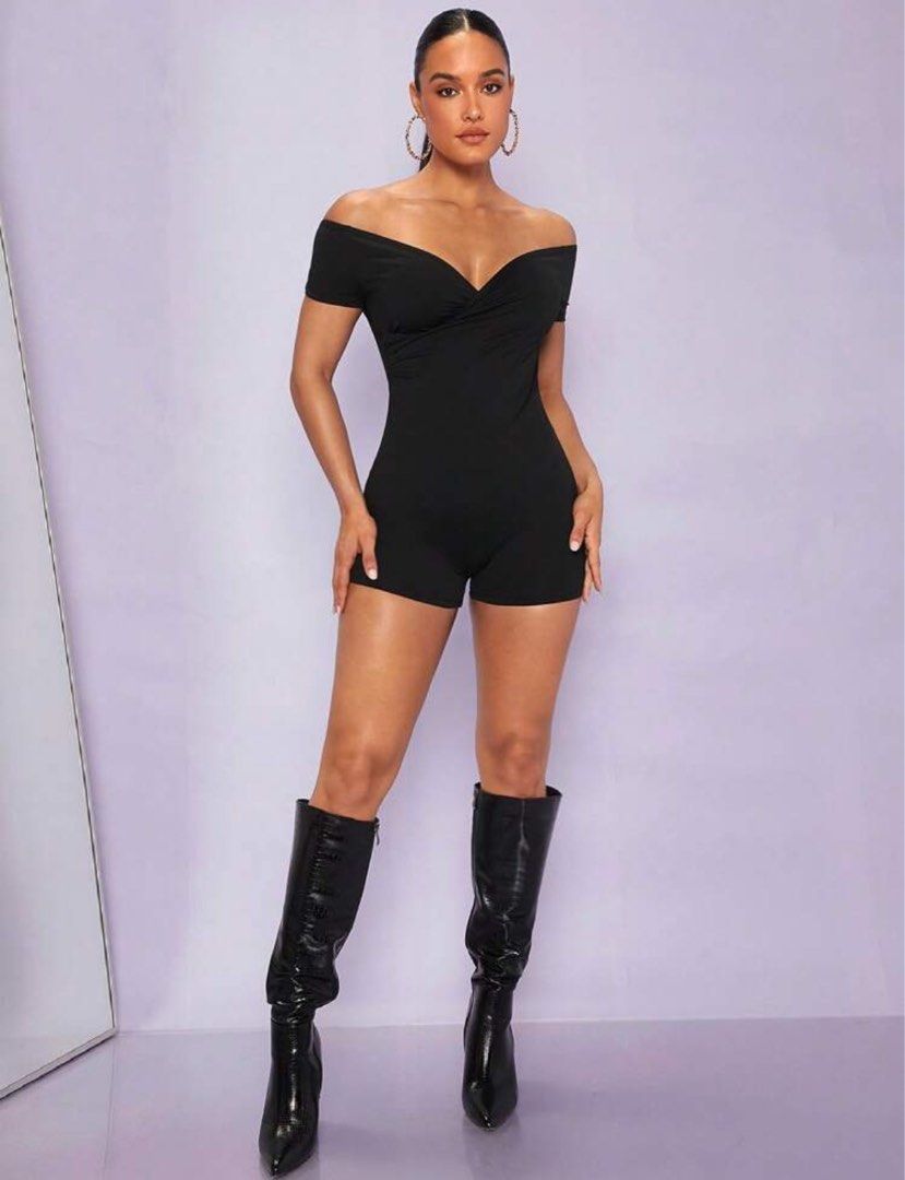 Shein Black Off-Shoulder Romper (Category: Rompers) located in Manila. Submitted by goddesssy (Listing ID 1466004971, Image 1). Description: - Style: Off-shoulder romper with short sleeves and crossover neckline - Fit: Form-fitting with super stretchy, comfortable fabric - Design: Solid black color, clean minimalist look - Versatility: Easy to dress up with heels or dress down with boots - Mode of Payment: Gcash, Maya, or Bank Transfer accepted -