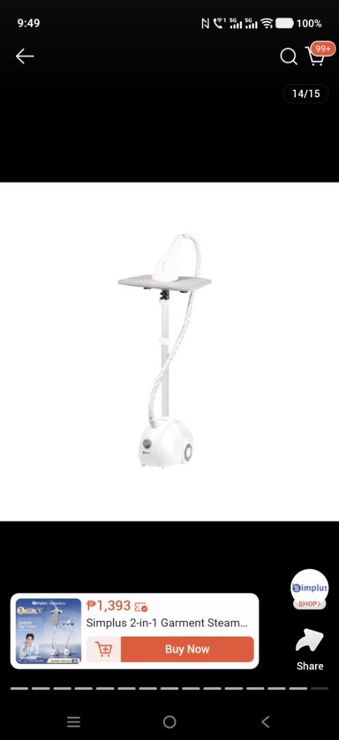 Simplus 2-in-1 Garment Steamer (Category: Irons & Steamers) located in Las Pinas. Submitted by Kariicature (Listing ID 1465965336, Image 2). Description: - Brand: Simplus - Type: Standing garment steamer with ironing board attachment - Color: White base unit - Controls: Rotary dial with specific fabric settings (Wool to Silk) and Humidify mode - Accessories: Flexible braided steam hose included - Condition: Excellent, highly useful for effortless