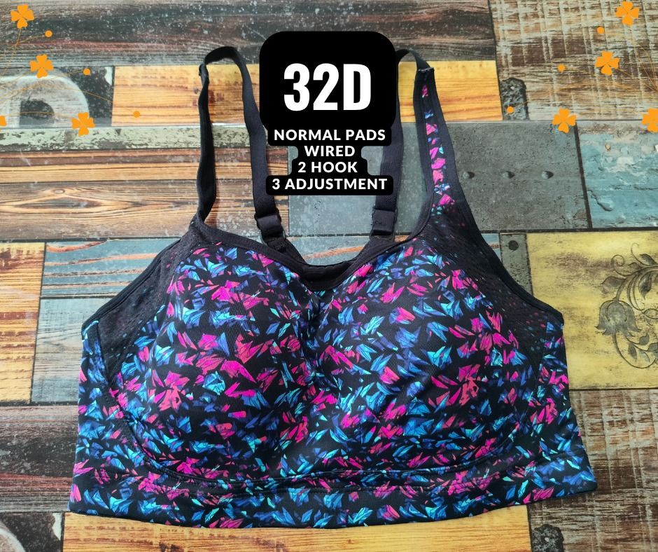 Size 32D Wired Printed Sports Bra (Category: Activewear) located in Manila. Submitted by siashop. (Listing ID 1466006135, Image 1). Description: - Size: 32D - Color/Design: Black with bright blue and pink abstract pattern - Support: Wired support with normal padding - Straps: Adjustable with metal sliders - Closure: Back closure with two hooks and three adjustment rows - Comfort: Breathable fabric panels on the sides.