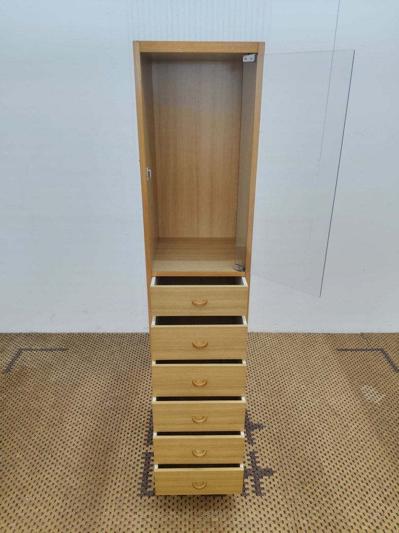 Slim Cabinet (Category: Shelves, Cabinets & Racks) located in Quezon City. Submitted by matetdevis13 (Listing ID 1465994423, Image 3). Description: Shimizu Slim Glass Door Displayer and 6-Tier Drawer Cabinet Price: 3,900 L16 x W16 x H69 In good condition Code MJS16-RB8.