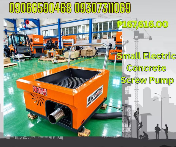 Small Electric Concrete Screw Pump Concrete Pump machine (Category: Looking For) located in Aroroy. Submitted by 09307311069 (Listing ID 1465965712, Image 1). Description: ●Model 10 — Electric Concrete Pump ●Motor: 4108 ●Motor power: 7.5 kW ●Pumping capacity: 4–5 m³/h ●Horizontal delivery distance: 10 m ●Vertical delivery height: 10 m ●variable frequency drive ●Total weight: 140 kg ●Voltage:110V 220V ●Dimensions: 850 × 550 × 650 mm 15mhose ✅ Qual
