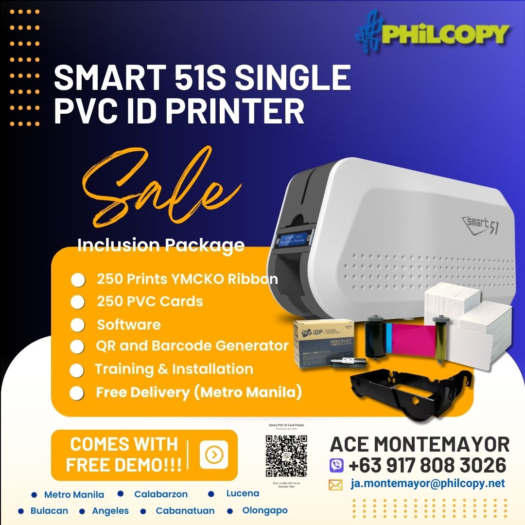 Smart 51S Single PVC ID Printer (Category: Printers, Scanners & Copiers) located in Quezon City. Submitted by kingacedgreat_72 (Listing ID 1466152429, Image 1). Description: - Complete ID printing business starter package - Includes software, and QR/barcode generator - Comes with 250 prints YMCKO ribbon and 250 PVC cards - FREE installation, training, and demo session - FREE delivery within Metro Manila - For inquiries, contact Ace Montemayor at 