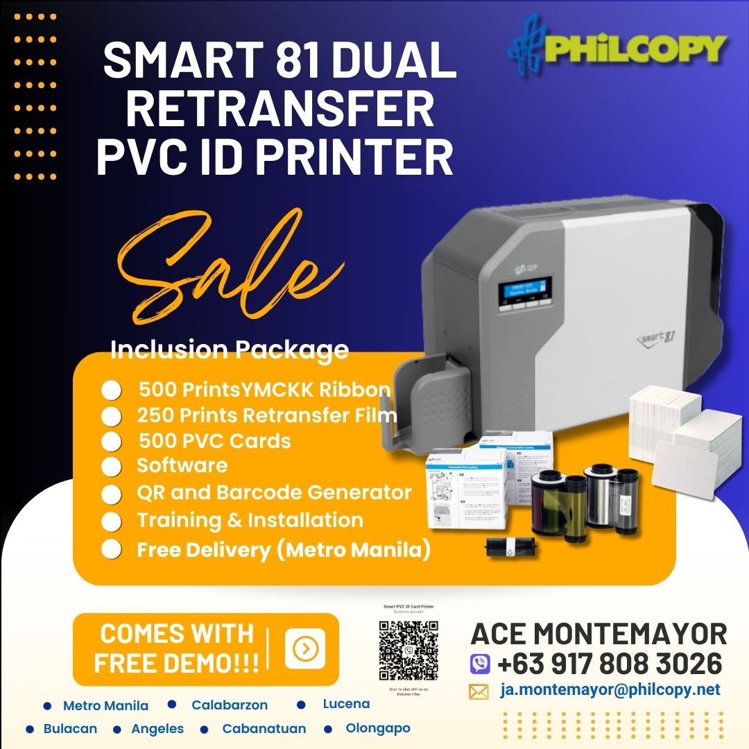 Smart 81 Dual Retransfer PVC ID Printer (Category: Printers, Scanners & Copiers) located in Quezon City. Submitted by kingacedgreat_72 (Listing ID 1466154777, Image 1). Description: - Smart 81 dual retransfer PVC ID printer on sale package. - Includes 500 prints YMCKK ribbon, 250 prints retransfer film, 500 PVC cards, software, and QR/barcode generator. - Free delivery within Metro Manila. - Free demo also available. - FREE Training and installat