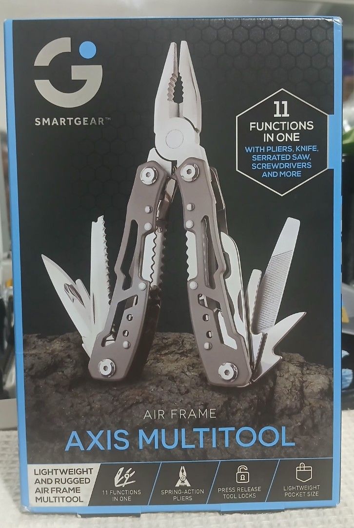 Smartgear Axis Air Frame Multitool 11-in-1 (Category: Home Improvement Tools & Accessories) located in Bocaue. Submitted by rarestar.07ba01 (Listing ID 1466108896, Image 2). Description: - Brand: Smartgear Axis Air Frame 11-in-1 Multitool - Condition: Brand new in retail box, never used - 11 Essential Functions: Spring-action needle nose pliers, 2.25" locking knife blade, wire cutters, serrated saw blade, screwdrivers, bottle opener, file, and re