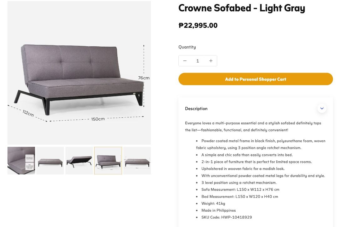 Sofabed - Light Gray (Category: Sofas) located in Manila. Submitted by rosesguerra (Listing ID 1466077240, Image 1). Description: Description Everyone loves a multi-purpose essential and a stylish sofabed definitely tops the list—fashionable, functional, and definitely convenient! Powder coated metal frame in black finish, polyeurethane foam, woven fabric upholstery, using 3 position angle ratchet mechanism. A simple and chic sofa than easily con