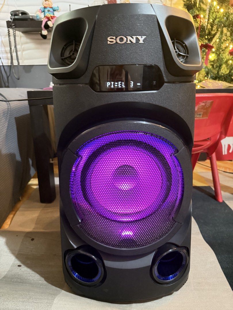 Sony MHC-V13 High Power Audio System (Category: Soundbars, Speakers & Amplifiers) located in Paranaque City. Submitted by ledzai (Listing ID 1465993200, Image 1). Description: - Model: Sony MHC-V13 Home Audio System (Black) - Sound: Powerful audio with vibrant purple speaker lighting and blue accent lights - Features: Top control panel, built-in CD player slot, and Bluetooth connectivity - Entertainment: Dual microphone and guitar inputs, perfect