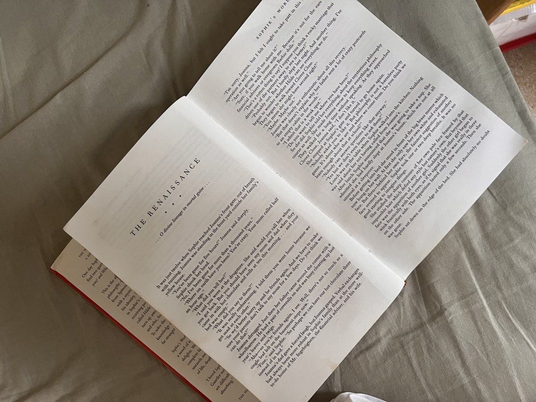 Sophie's World by Jostein Gaarder (Category: Storybooks) located in Dasmarinas. Submitted by mikay13ord86976 (Listing ID 1466034600, Image 3). Description: - Title: Sophie's World by Jostein Gaarder - Format: Paperback - ISBN: 1-897580-42-8 - Genre: Philosophy made easy through an engaging story - Condition: Shows cover wear around edges/spine and page yellowing from age and storage - Usability: Fully intact and still a very readable copy.
