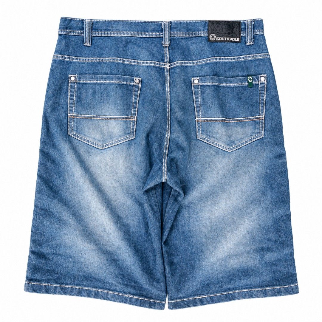 Southpole Denim Shorts Blue (Category: Shorts) located in Manila. Submitted by chieezz (Listing ID 1465998289, Image 1). Description: - Brand: Southpole - Style: Classic loose fit skater shorts - Color/Wash: Blue light wash with contrast stitching - Details: Two back pockets with metal rivets, black leather patch on waistband, and green logo tab - Vibe: Casual streetwear, Y2K aesthetic.