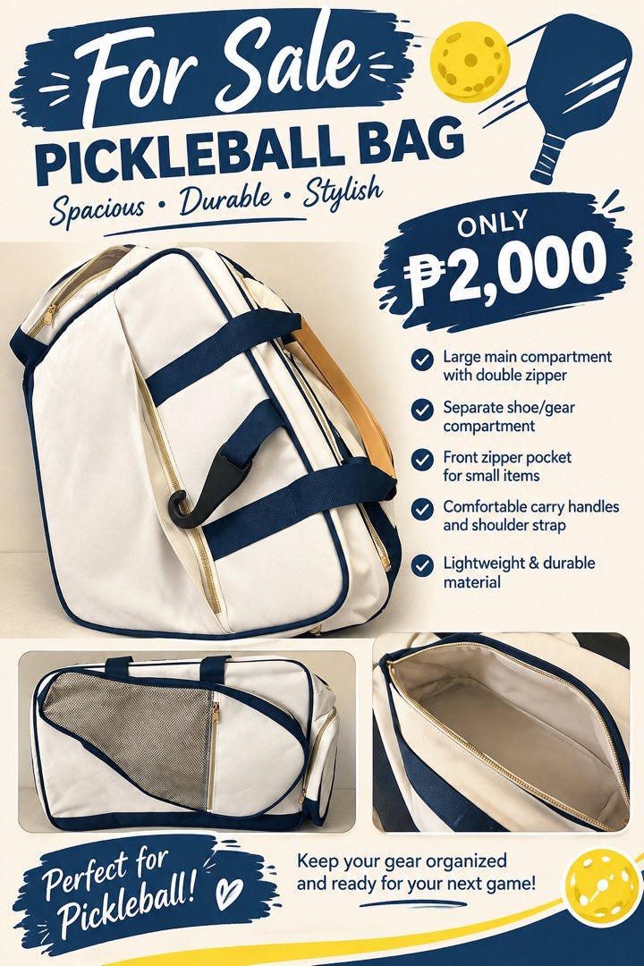 Spacious Durable Pickleball Bag White Navy Blue (Category: Racket and Ball Sports) located in Manila. Submitted by kendsg (Listing ID 1466139974, Image 1). Description: - Color: White and navy blue with chic gold-tone zippers - Large main compartment with secure double zipper closure - Dedicated side compartment for shoes or extra gear - Front zipper pocket for easy access to small essentials - Dual carry handles and an adjustable shoulder strap 