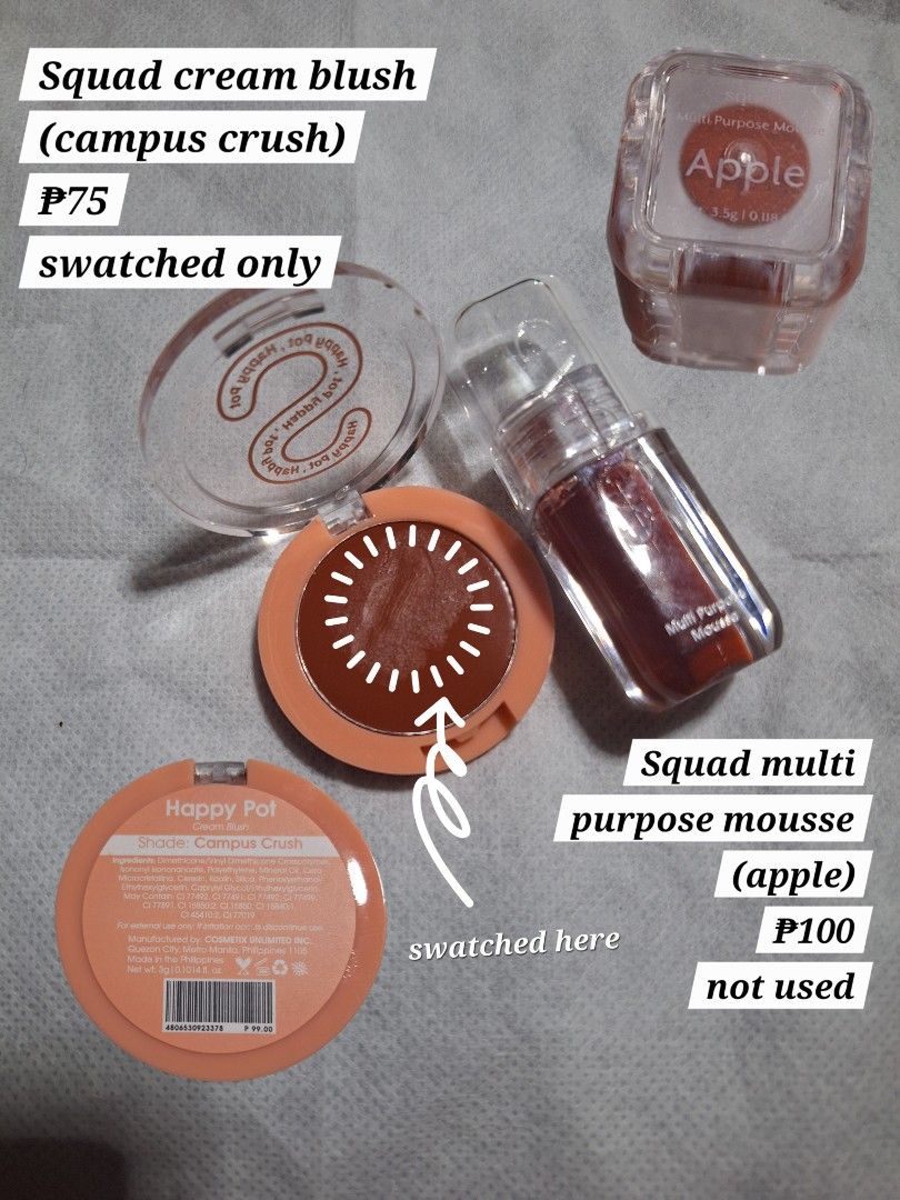 Squad Cosmetics Happy Pot & Multi Purpose Mousse Bundle (Category: Makeup) located in Malabon City. Submitted by iamcgv (Listing ID 1466058162, Image 1). Description: - Brand: Squad Cosmetics (Cosmetics Unlimited Inc.) - Happy Pot Cream Blush (Shade: Campus Crush) swatched only - Multi-Purpose Mousse (Shade: Apple) brand new, never used - Great way to try popular local shades.