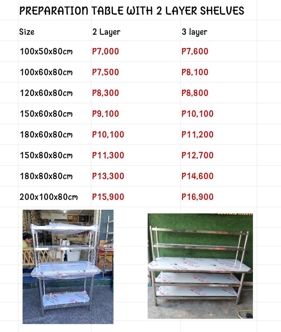 Stainless Steel Preparation Table with Shelves (Category: Tables & Sets) located in Manila. Submitted by acykt18 (Listing ID 1466152905, Image 2). Description: - Heavy-duty stainless steel build, perfect for commercial kitchens and bakeries - Available in multiple sizes with 2 or 3 layers - Optional overhead shelf configurations available - Durable metal construction with smooth, easy-to-clean surfaces - Check photos for dimensions or message us 