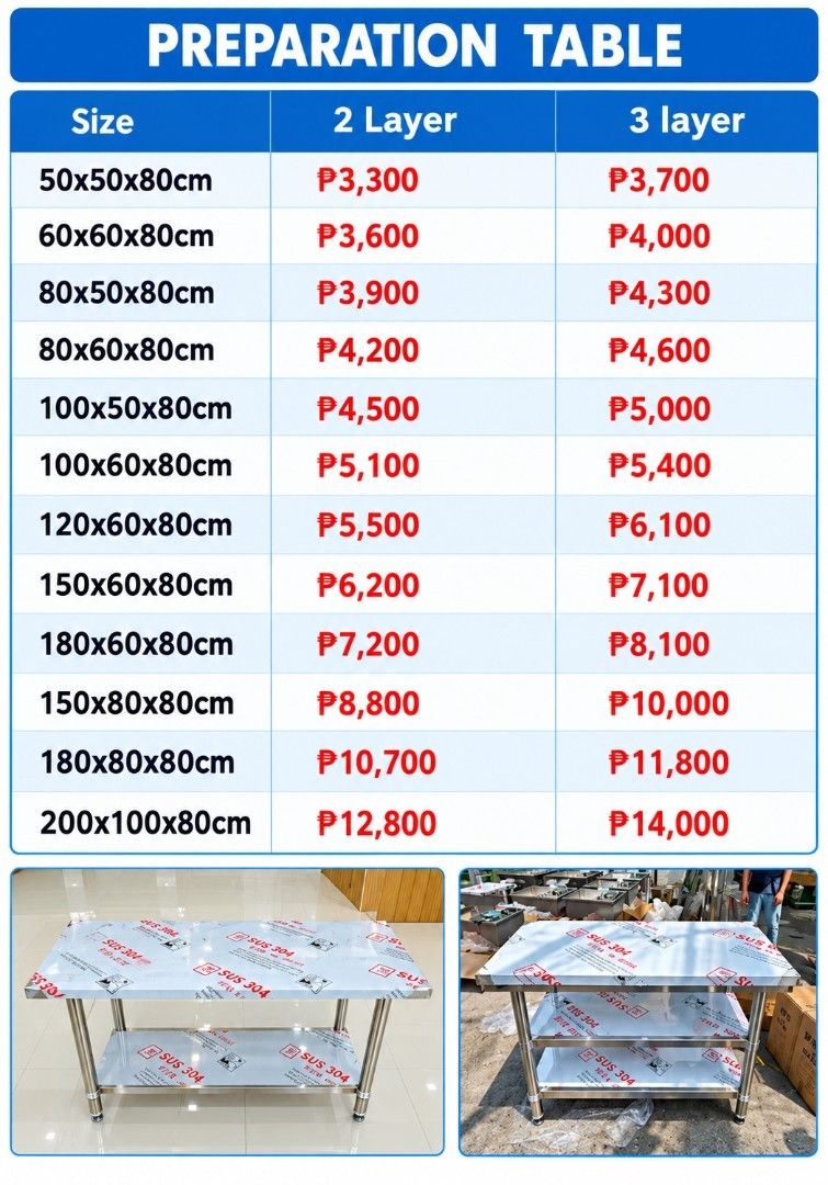 Stainless Steel Preparation Table with Shelves (Category: Tables & Sets) located in Manila. Submitted by acykt18 (Listing ID 1466152905, Image 1). Description: - Heavy-duty stainless steel build, perfect for commercial kitchens and bakeries - Available in multiple sizes with 2 or 3 layers - Optional overhead shelf configurations available - Durable metal construction with smooth, easy-to-clean surfaces - Check photos for dimensions or message us 