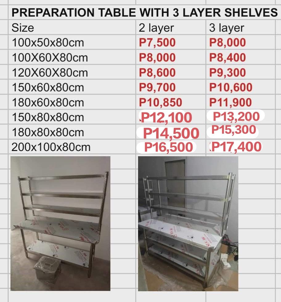 Stainless Steel Preparation Table with Shelves (Category: Tables & Sets) located in Manila. Submitted by acykt18 (Listing ID 1466152905, Image 3). Description: - Heavy-duty stainless steel build, perfect for commercial kitchens and bakeries - Available in multiple sizes with 2 or 3 layers - Optional overhead shelf configurations available - Durable metal construction with smooth, easy-to-clean surfaces - Check photos for dimensions or message us 