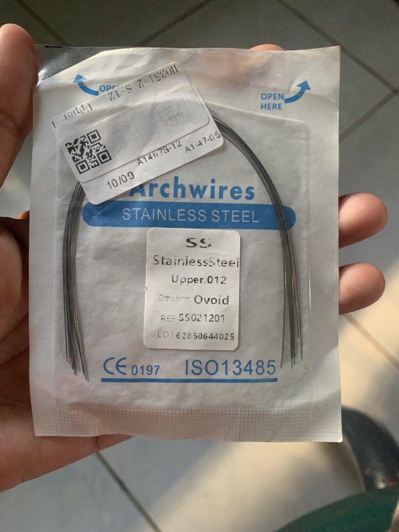 Stainless wire for braces upper .012 (Category: Medical Supplies & Tools) located in Valenzuela. Submitted by diane.35 (Listing ID 1465958881, Image 1). Description: - Type: Stainless steel orthodontic archwire - Arch: Upper - Size:.012 - Form: Ovoid - Reference Number: SS021201 - Lot Number: 62850644025 - Condition: Brand new, sealed, and unopened packaging - Standard dental supply.
