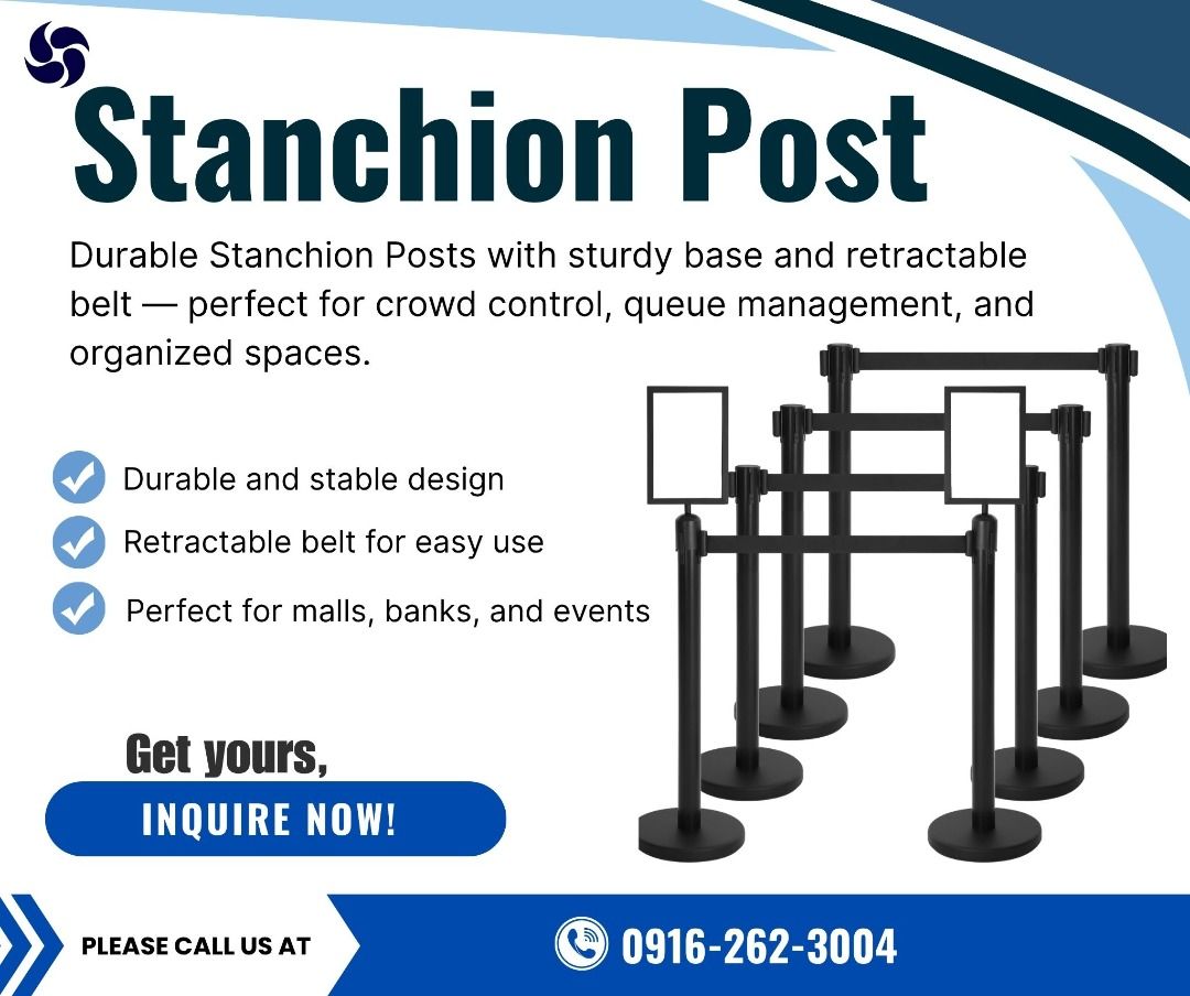 Stanchion Post | Retractable Post | Customized Belt Printing (Category: Looking For) located in Makati City. Submitted by johnstone_mkt (Listing ID 1465957995, Image 2). Description: High-quality stanchion posts with customizable belt printing! Perfect for crowd control, queue management, venues, events, and commercial establishments. KEY FEATURES: * Heavy-Duty Build: Sturdy base and post designed for high-traffic areas. * Custom Belt Printing: A