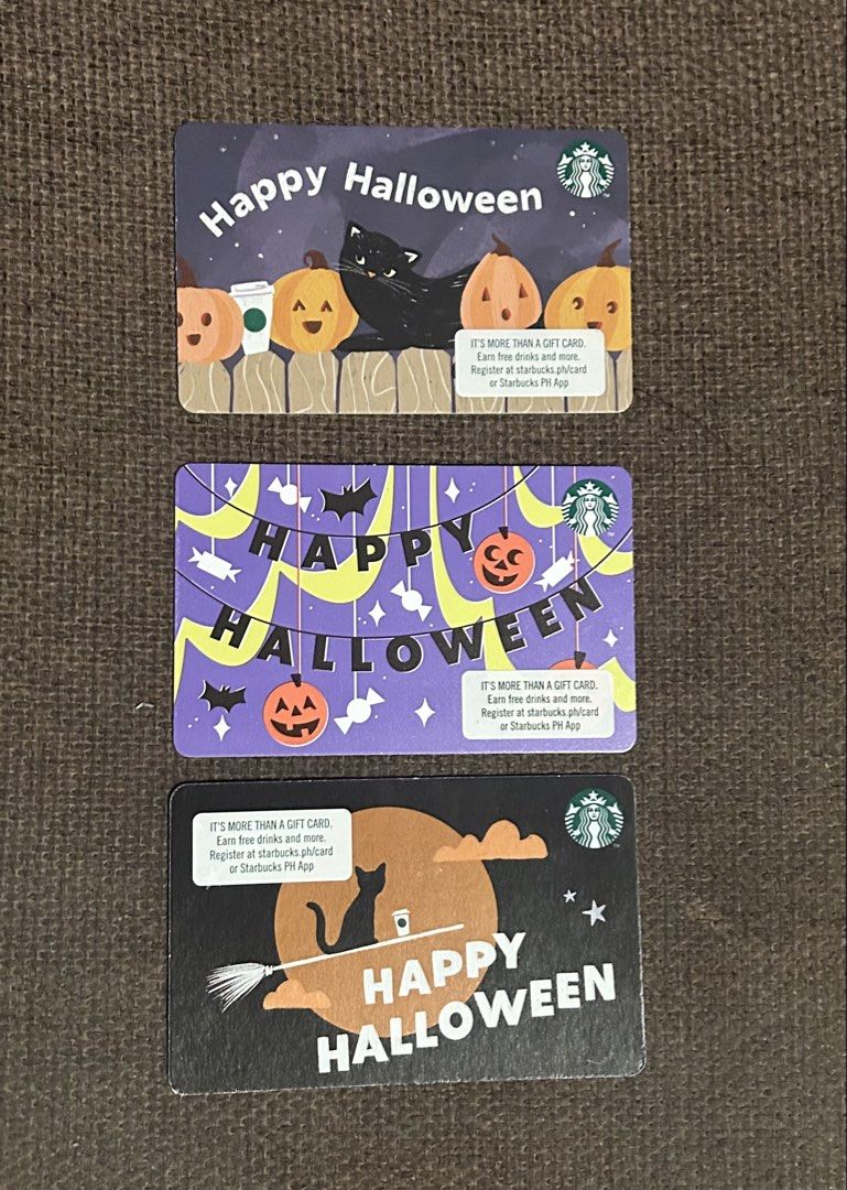 Starbucks Happy Halloween Cards (Category: Other Merchandise) located in Binan City. Submitted by impulsebuyer12 (Listing ID 1466038836, Image 1). Description: Untegistered, Reloadable Zero Load, PIN Intact For Starbucks PH use only Php 100 each card.