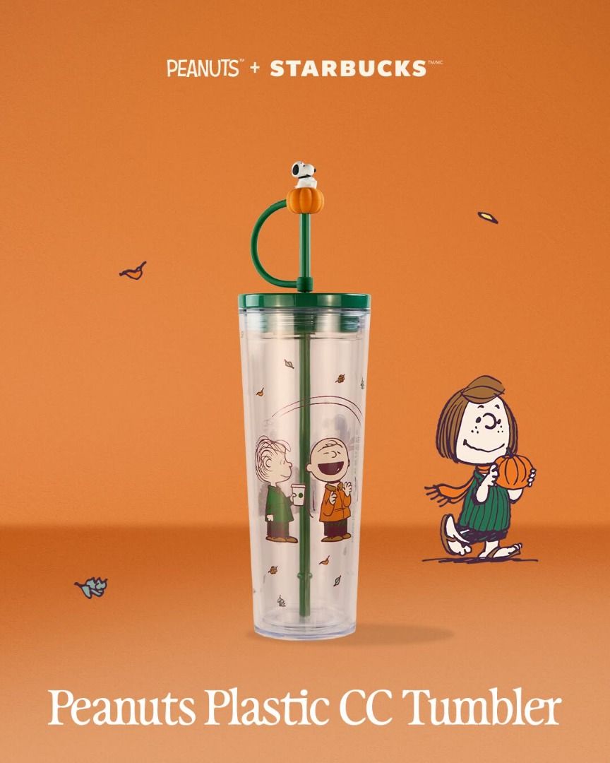 Starbucks x Peanuts Plastic CC Tumbler (Category: Water Bottles & Tumblers) located in Makati City. Submitted by savvy_girl (Listing ID 1466010206, Image 1). Description: - 100% Authentic Starbucks x Peanuts Collaboration - Design: Clear tumbler with wrap-around Charlie Brown and friends autumn graphic - Lid: Green lid featuring a convenient loop handle detail - Straw & Topper: Green straw complete with an adorable Snoopy sitting on an orange pum