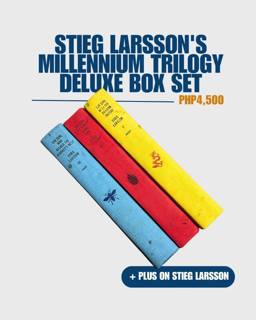 Stieg Larsson's Millennium Trilogy Deluxe Box Set (Category: Storybooks) located in Makati City. Submitted by pat.aues_ (Listing ID 1466119784, Image 1). Description: - Complete Stieg Larsson Millennium Trilogy deluxe hardcover box set published by Knopf - Includes: The Girl with the Dragon Tattoo, The Girl Who Played with Fire, and The Girl Who Kicked the Hornet's Nest - Bonus: Comes with an extra Stieg Larsson book! - Features stunning colorful