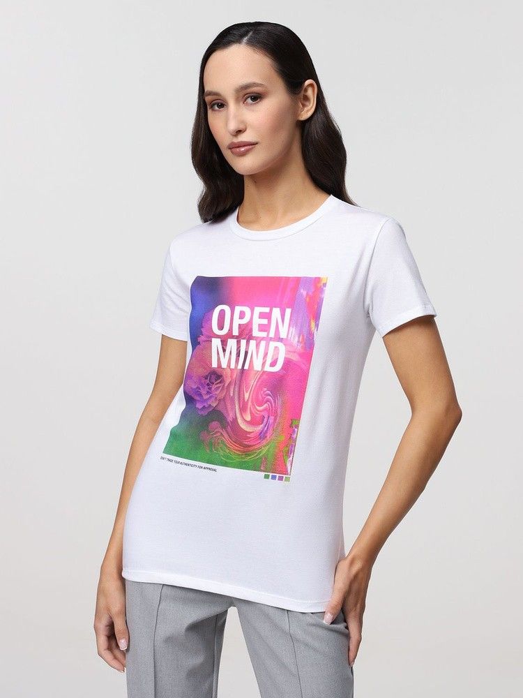 Stradivarius Open Mind Graphic White T-shirt (Category: Shirts) located in Quezon City. Submitted by corrnic (Listing ID 1466030453, Image 1). Description: - Brand: Stradivarius - Size: XS - Color: Clean White - Design: Colorful abstract graphic with 'OPEN MIND' text and quote - Details: Short sleeves, round neckline - Origin: Made in Egypt - Condition: Great for simple casual wear.