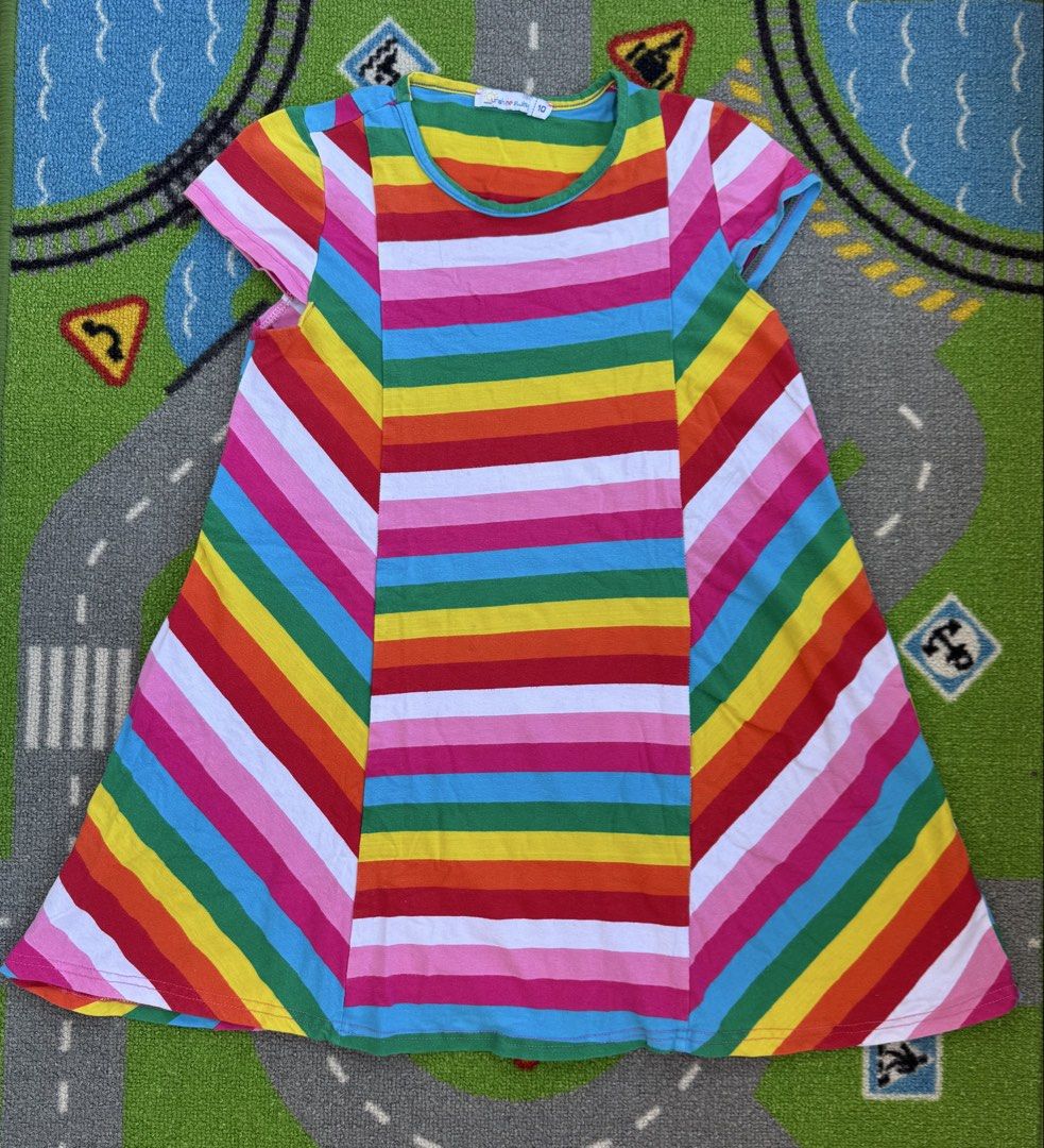 Striped Dress (Category: Babies & Kids Fashion) located in Rizal. Submitted by preloovved (Listing ID 1466050732, Image 1). Description: Bright and colorful rainbow striped short sleeve dress in Size 10. Features a fun A-line shape with a contrasting green neckline trim. Preloved, 10yo Meet-up only in GB1 San Mateo, Rizal Shipping fee c/o buyer. Tres Marias or J&T express Payment to be sent to me via BPI/BDO/GCASH only. 😁 C-2.