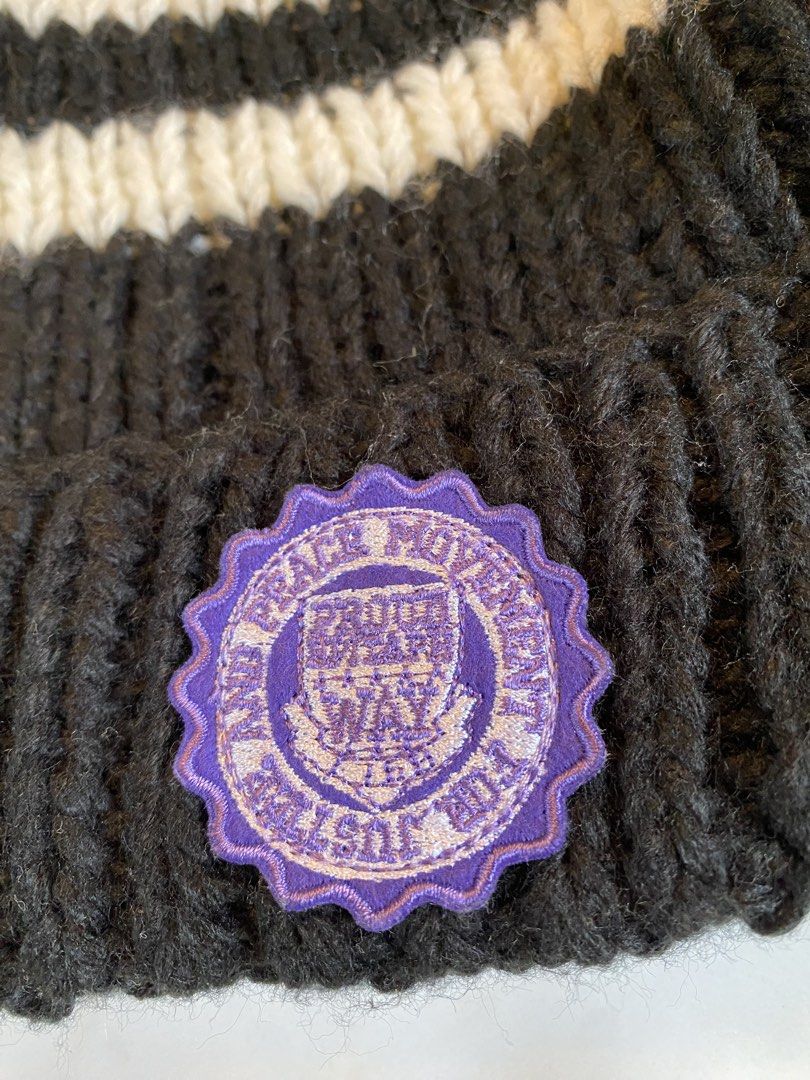 Striped Pom-pom bonnet/beanie (Category: Beanies) located in Makati City. Submitted by indaysukaycloset (Listing ID 1465976352, Image 2). Description: STRIPED POM-POM BONNET / BEANIE Brand: Glamouro (Japan Brand) Color: Black / White stripes + Purple patch Size: Free size / Unisex Details: - Black base with 3 white stripes - thick knit, makapal & soft - With black yarn pom-pom on top - Front patch: Purple embroidered seal - "Grace Mountain" / vin
