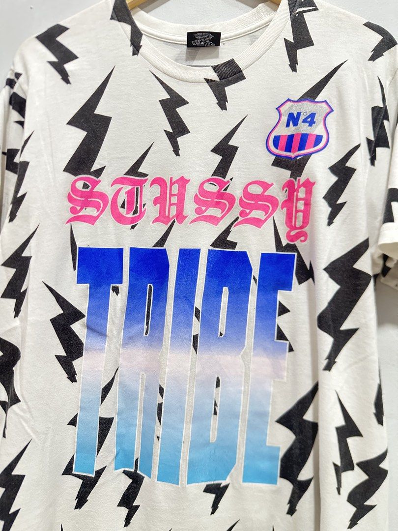 Stüssy Tribe #8 Lightning Bolts AOP Tee (Authentic) (Category: Tshirts & Polo Shirts ) located in Manila. Submitted by ylsrarities (Listing ID 1465992887, Image 2). Description: • Size M • Measurements: 19Width x 29Length • 100% Cotton • Made in Mexico • Stüssy Tribe #8 design • All over lightning bolt print • Large “8” graphic on back • Pink Stüssy branding • Short sleeve crewneck Condition: 8.7/10 Pre owned with visible signs of age and wear. S