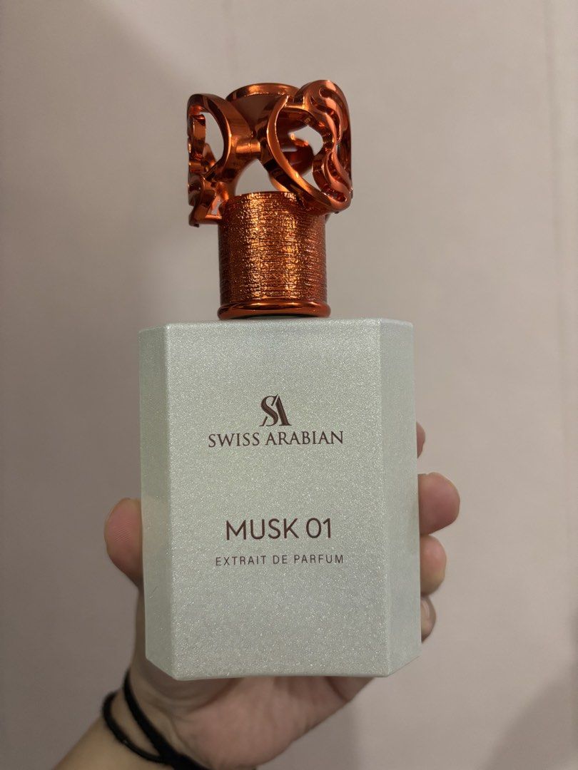 Swiss Arabian Musk 01 Extrait De Parfum (Category: Fragrance & Deodorants) located in Manila. Submitted by kiwilynn (Listing ID 1466104521, Image 2). Description: FEW SPRAYS MISSING. Used only once. Firm on price posted. - Product: Swiss Arabian Musk 01 Extrait De Parfum - Size: 50ml - Packaging: Includes original textured white presentation box - Freshness: Production date May 2026, Expiry May 2031 (verified on bottom label) - Condition: Brand n